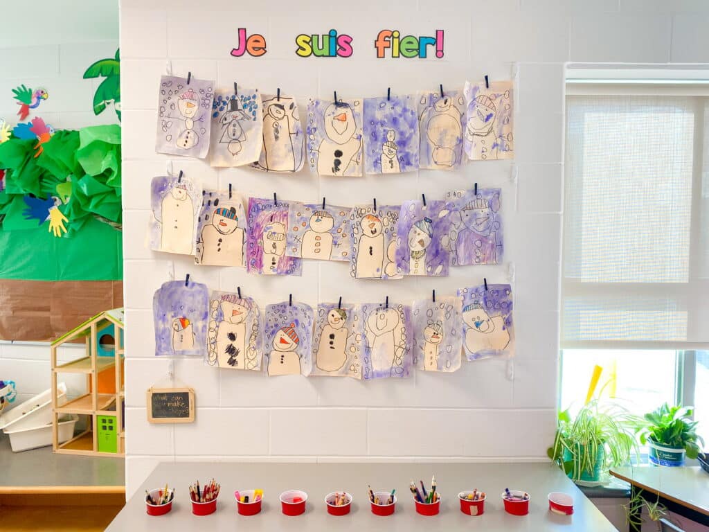 A display of our snowman directed drawing activity