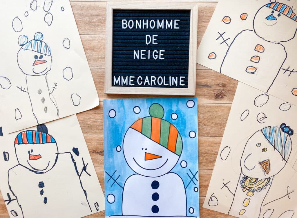 Snowman directed drawing activity for kindergarten students