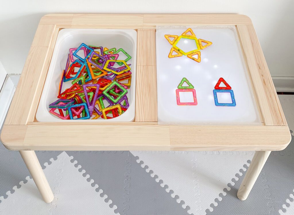 Finished light table is seen here. They are paired with magnetic shapes.