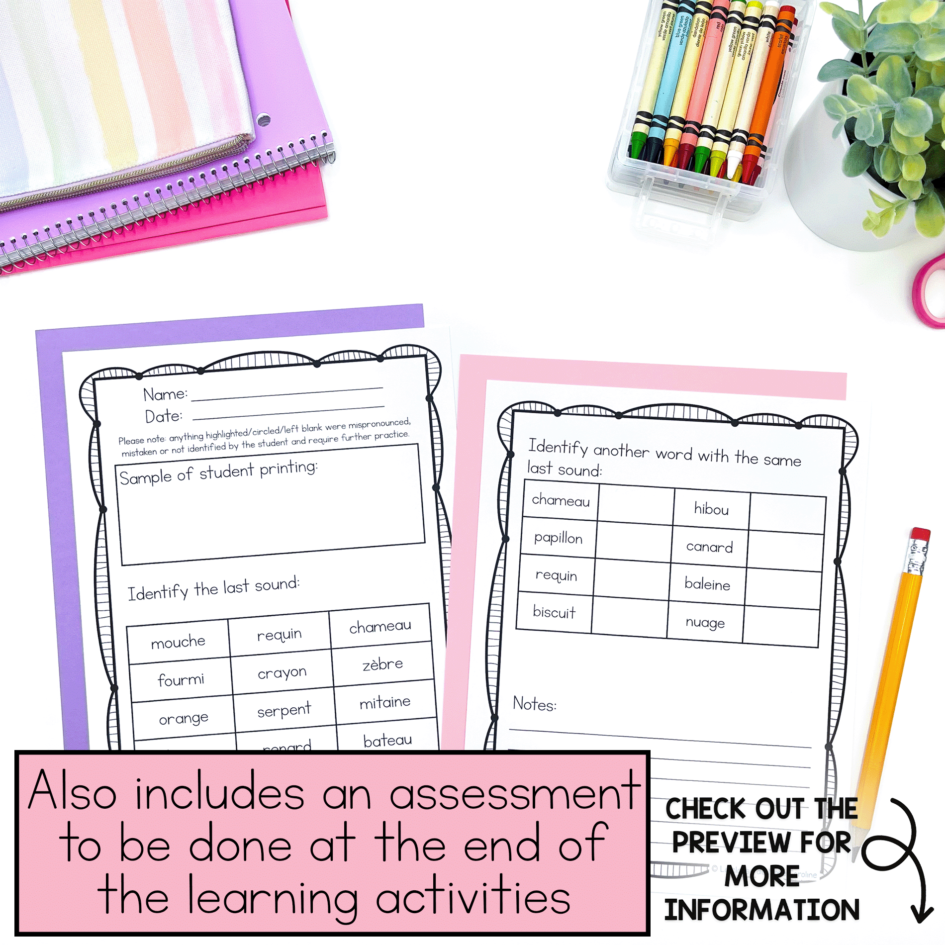 French phonological awareness centres and activities to work on learning ending sounds in French