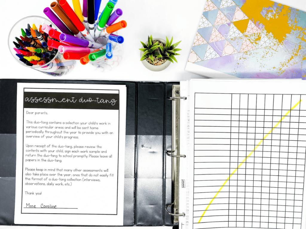 Photo of my assessment binder. In here, I store all of my marking, checklists, student data, anecdotal records and more. I add all of my student marks and report card comments. 