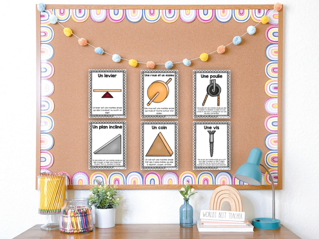 Free Simple Machines Posters. These go great with my Simple Machines unit. Each poster has a photo of the simple machine and a definition. There are posters of the following simple machines: levers (un levier), wheel and axle (une roue et un essieu), pulleys (une poulie), inclined planes (un plan incliné), wedge (un coin) and screws (une vis). These are great for your le mouvement et les machines simples unité.