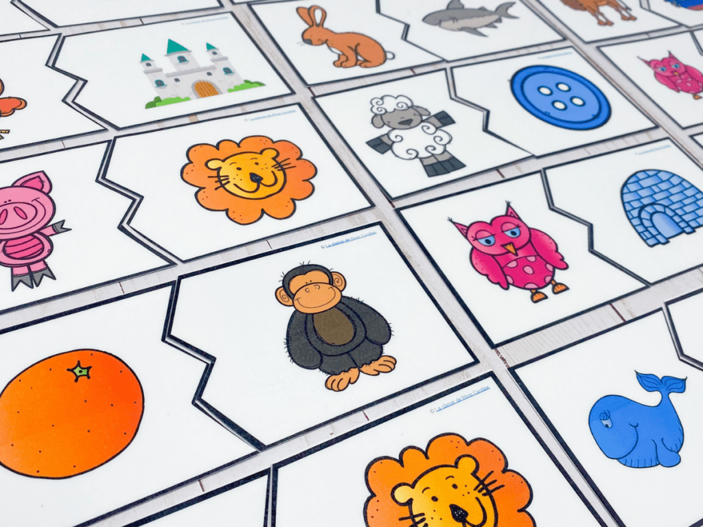 A photo of one of the activities in my French Phonological Awareness Bundle. The activity shown works on french rhyming, but there are also activities on les syllabes, les sons initiaux, les derniers sons, les phonèmes et les voyelles.