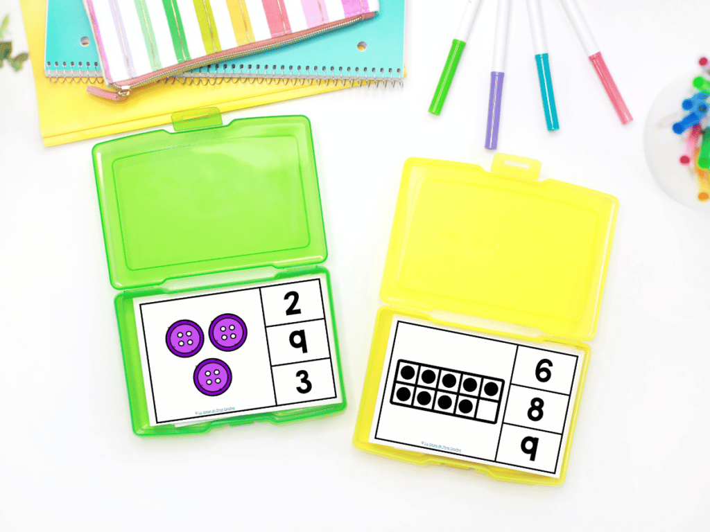 A great way to practice number recognition in French is with clip cards. They work great as a math centre in kindergarten and students love them!
