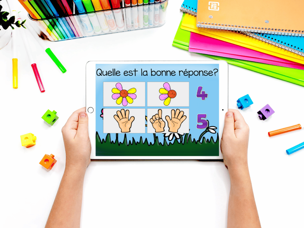 Digital math games are also a great way to work on number recognition. This bundle of French math boom cards for kindergarten includes many different types of decks that are great for working on French number recognition.