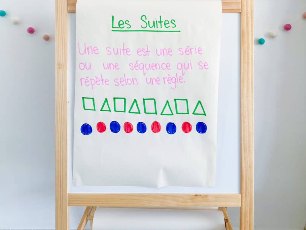Here is an anchor chart to help you teach patterning in French to your kindergarten students. In this blog, learn how to introduce patterning to kindergarten students and some fun patterning centres.
