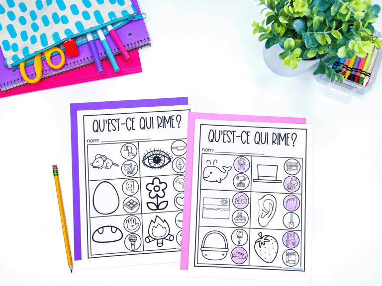 Free French rhyming worksheets for primary French immersion students