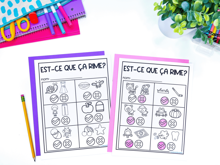 Free French rhyming worksheets for primary French immersion students