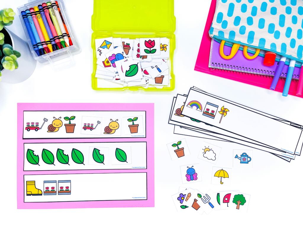 Help your students practice patterning skills with this French patterning math centre. Students will look at the sentence stem and finish the pattern using the included manipulatives.