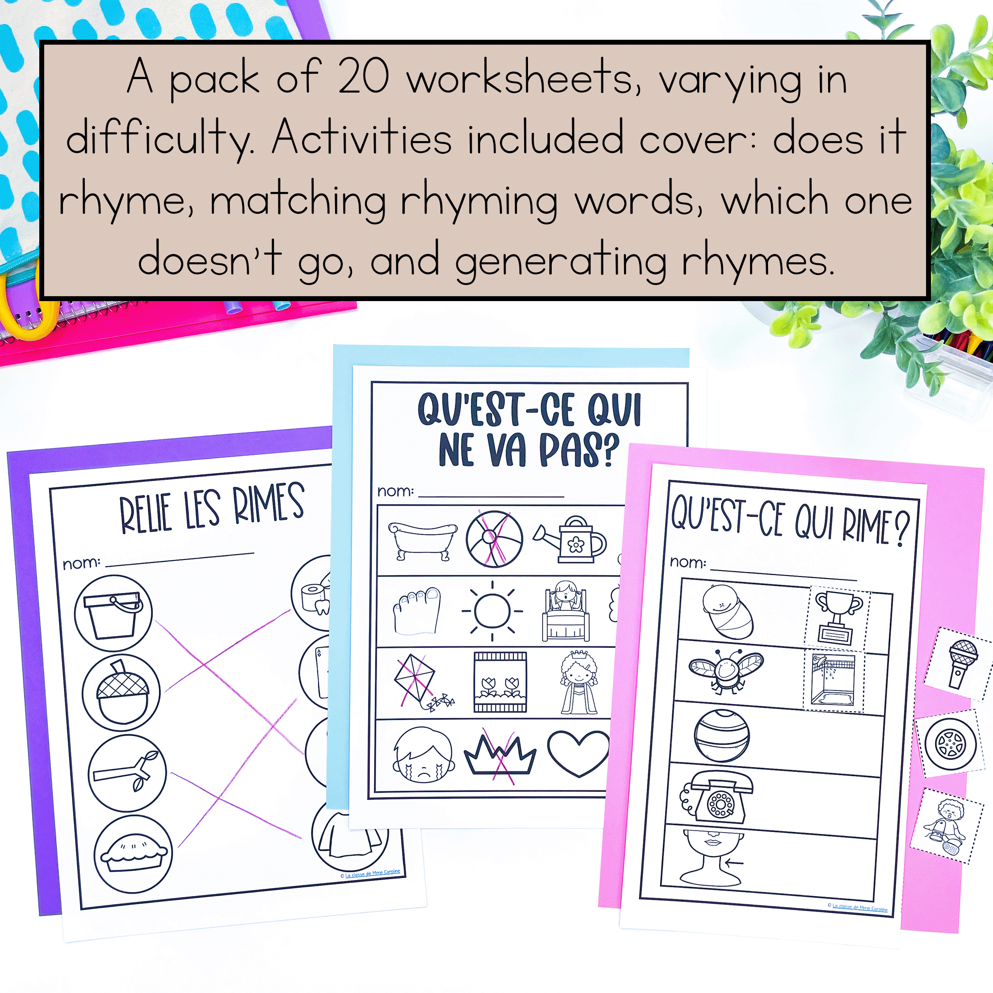 French rhyming worksheets are a perfect way to practice this early phonological awareness skill. These worksheets are aligned with the science of reading in French and also come with an assessment at the end.