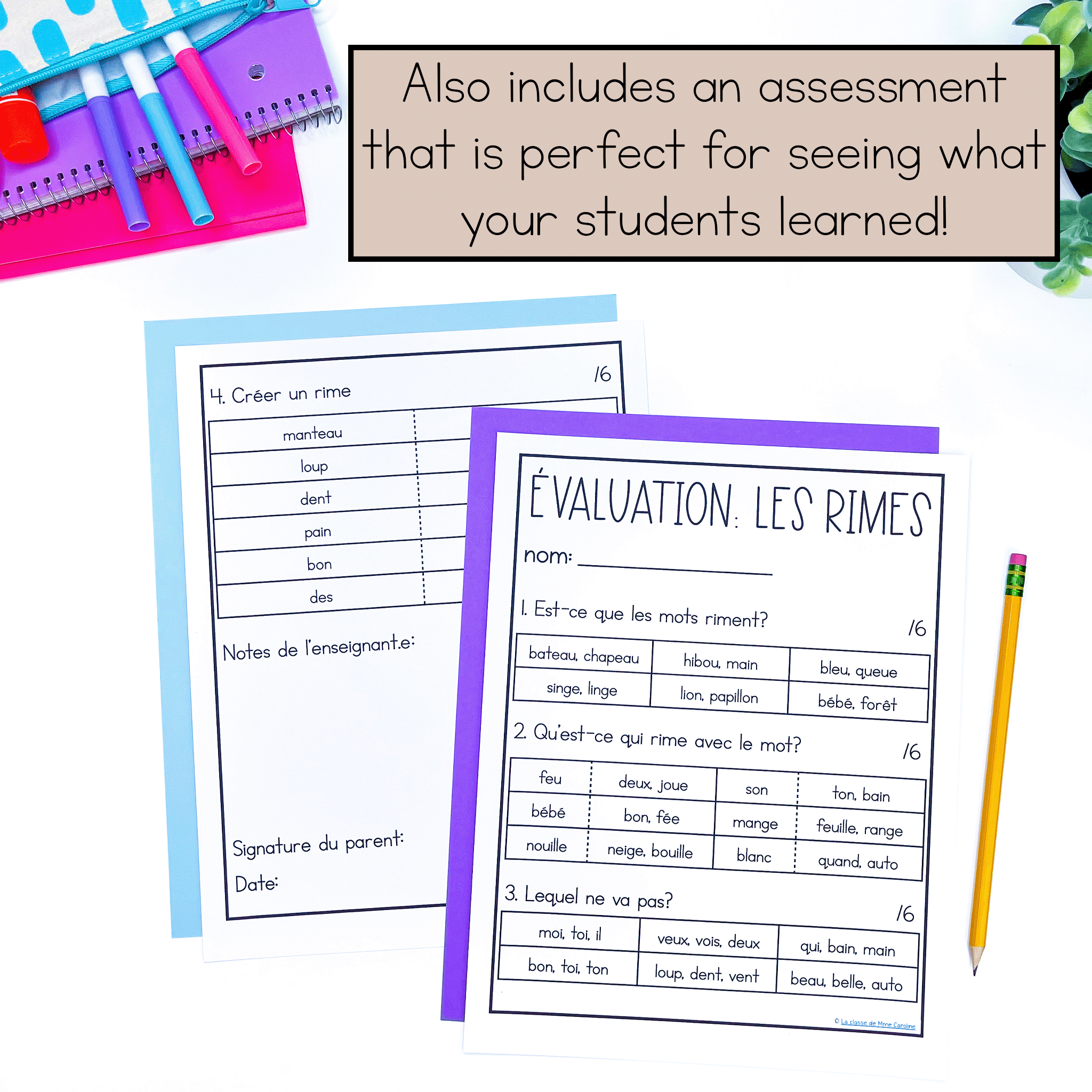 French rhyming worksheets are a perfect way to practice this early phonological awareness skill. These worksheets are aligned with the science of reading in French and also come with an assessment at the end.