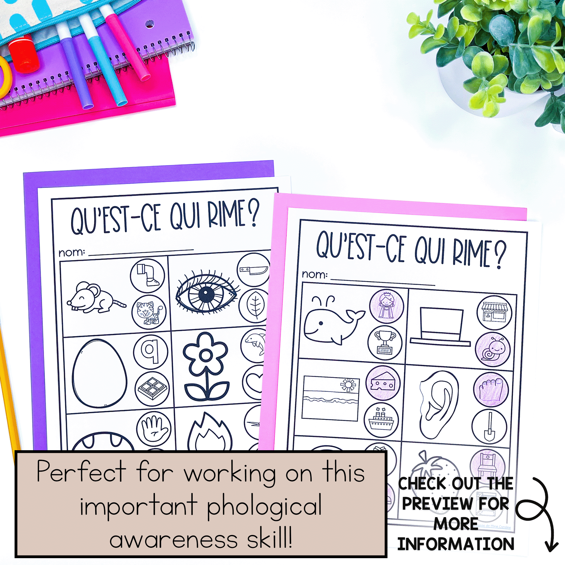 French rhyming worksheets are a perfect way to practice this early phonological awareness skill. These worksheets are aligned with the science of reading in French and also come with an assessment at the end.