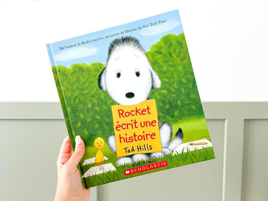 French book for kids called Rocket écrit une histoire. French mentor text for teaching writing.