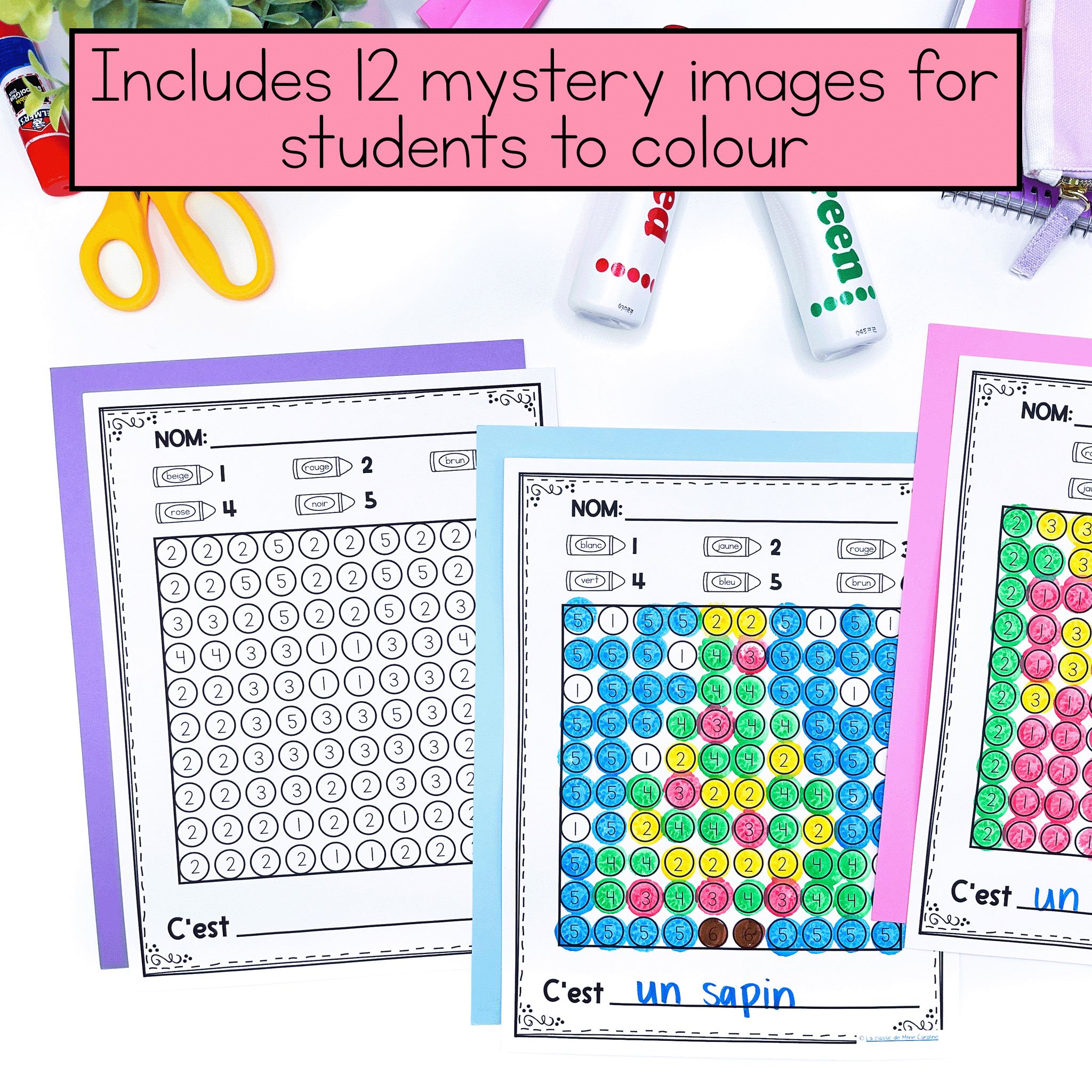 French mystery images colour by code activity