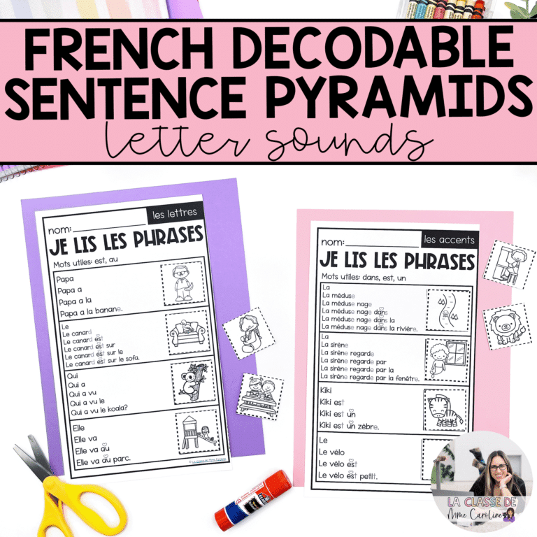 French sentence pyramids for building reading fluency. Decodable sentences with comprehension activities