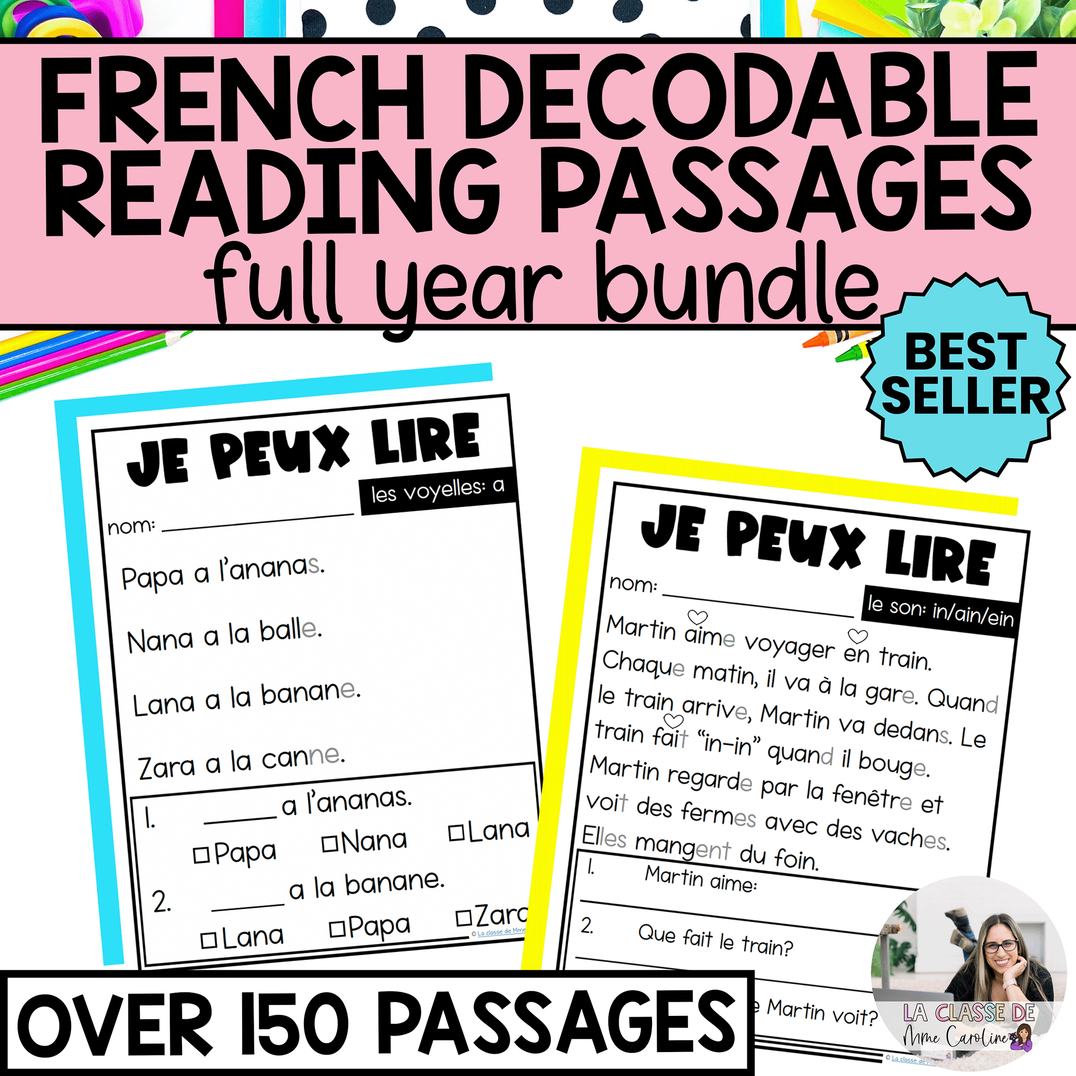 French decodable readers with comprehension questions. 5 reading passages per french sound