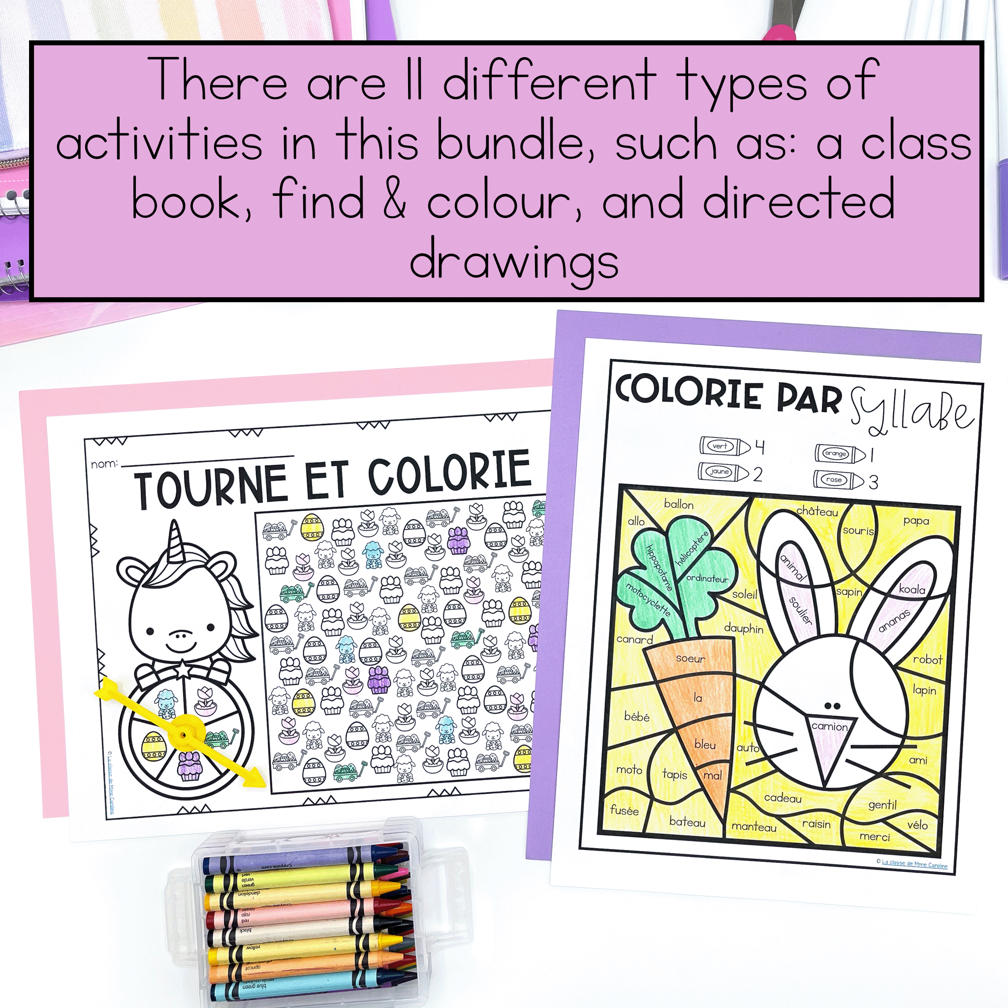 French Immersion early finishers activities: Easter colour by syllable, spin and colour