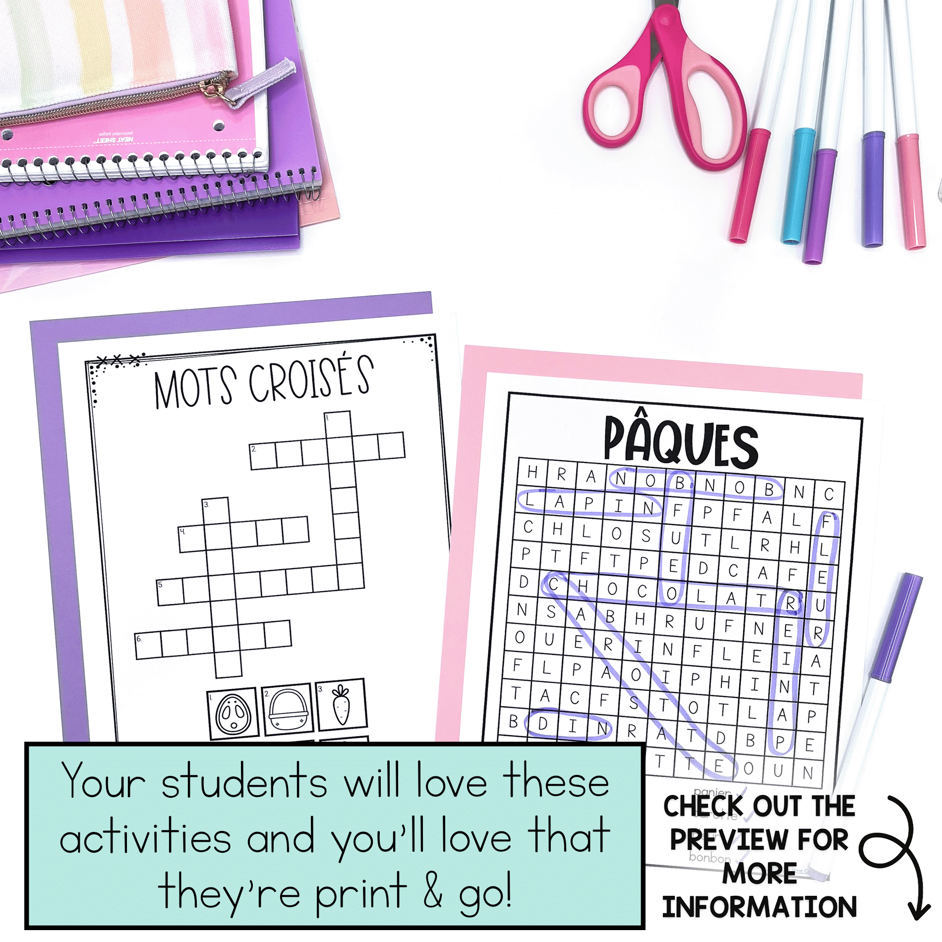 French Easter early finishers activities: word search, crossword