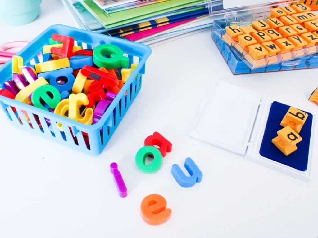 Magnetic letters and letter stamps used for phoneme manipulation.