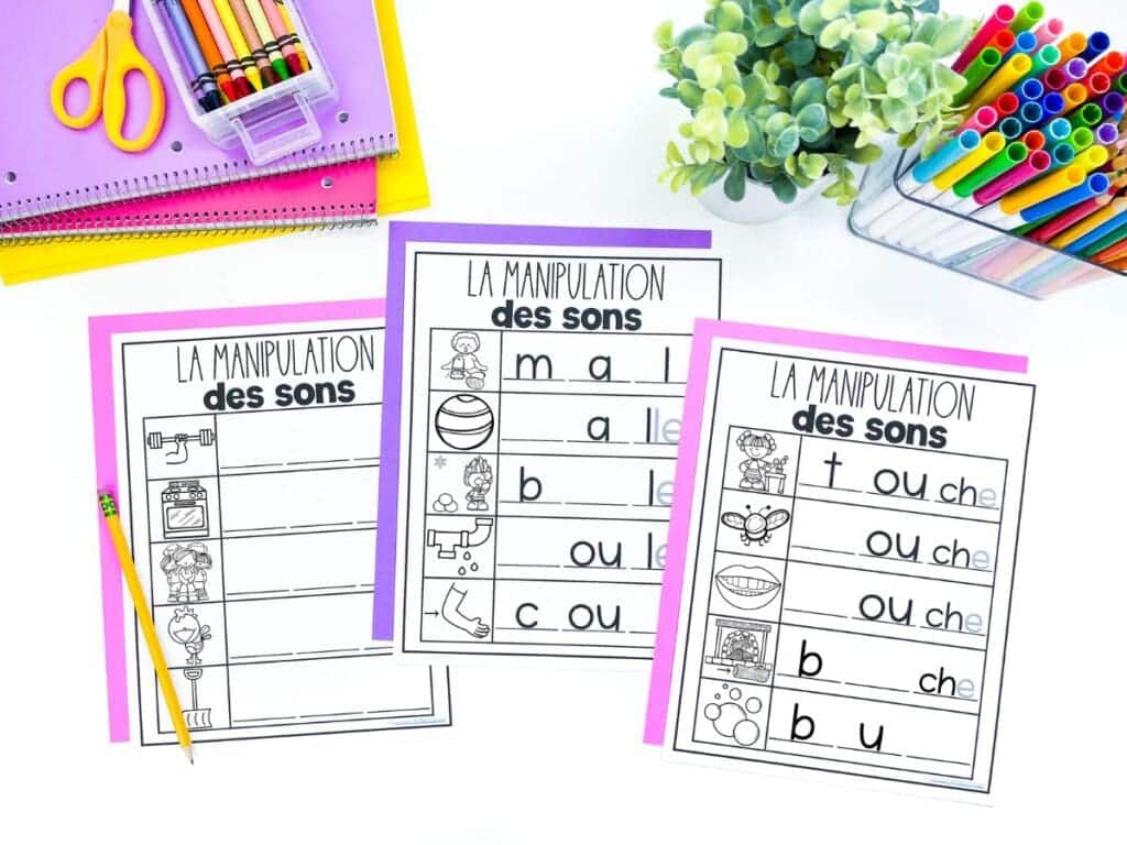 Phoneme manipulation worksheets in French with pictures and fill in the blanks.