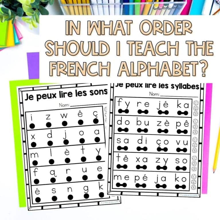 Two worksheets for learning in what order to teach the French alphabet including letter sounds and syllables.