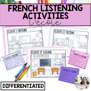 French listening comprehension activities with student drawing pages and teacher grading checklists.