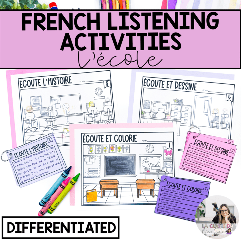 French listening comprehension activities with student drawing pages and teacher grading checklists.