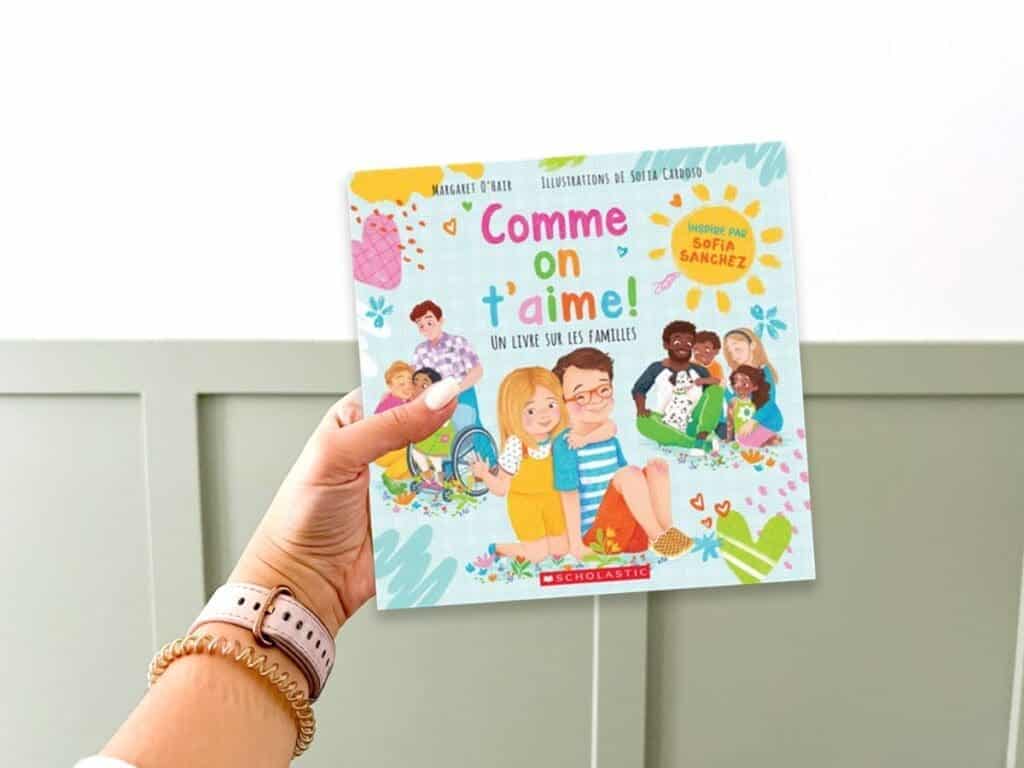 A hand holding French books about families