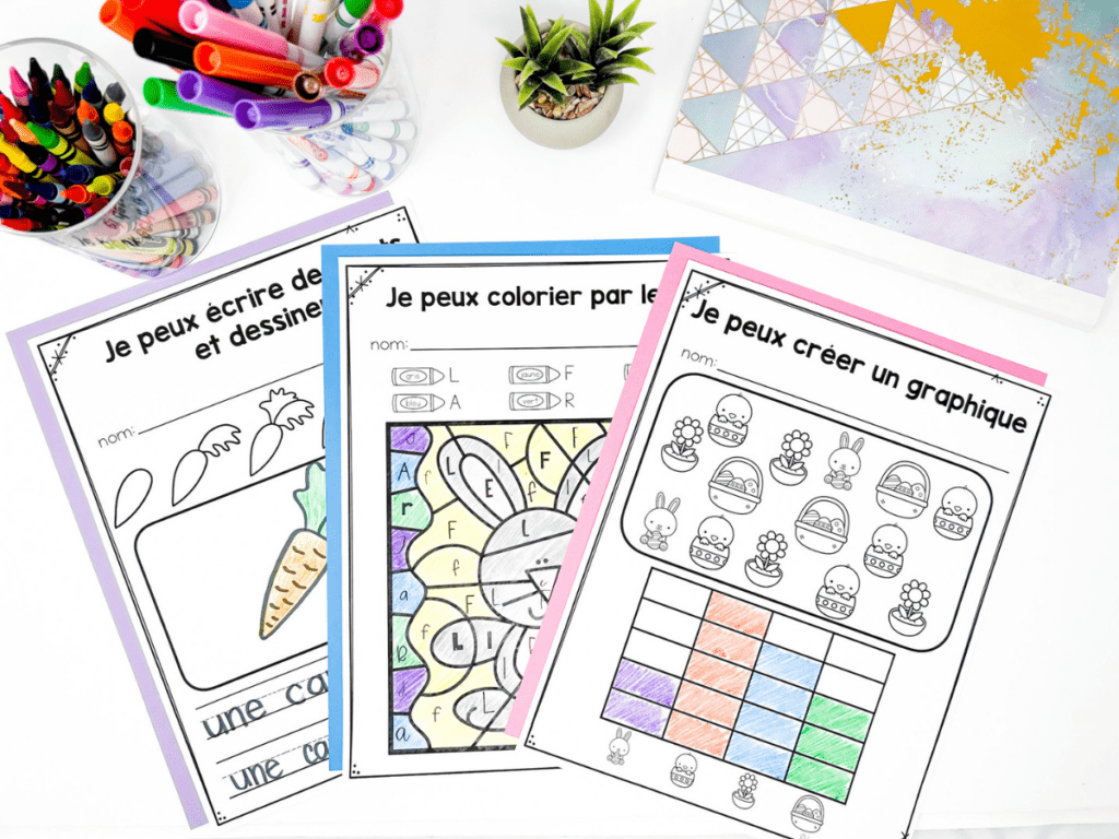 Kindergarten French literacy and math Easter activities, image shows 3 printable pages completed by students.