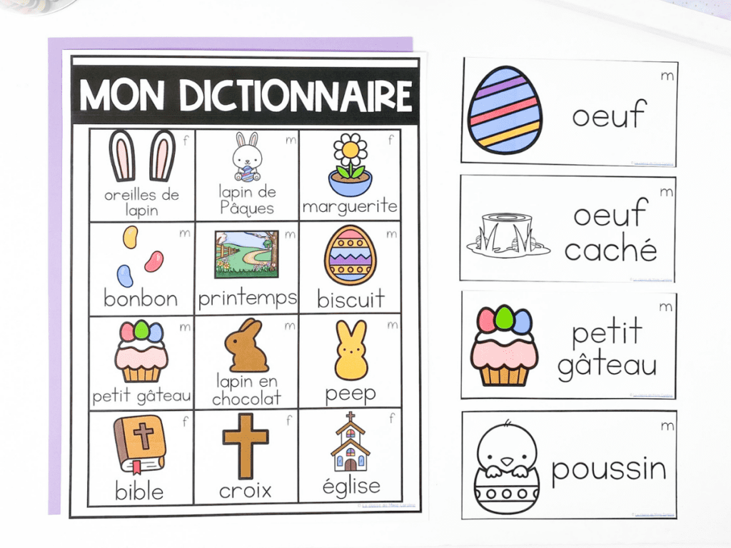 French Easter themed dictionary and vocabulary cards