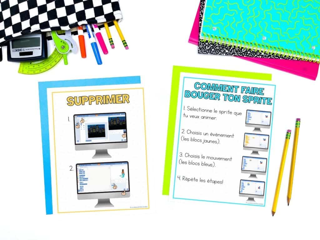 Ready to print French scratch coding unit with visual instructions.