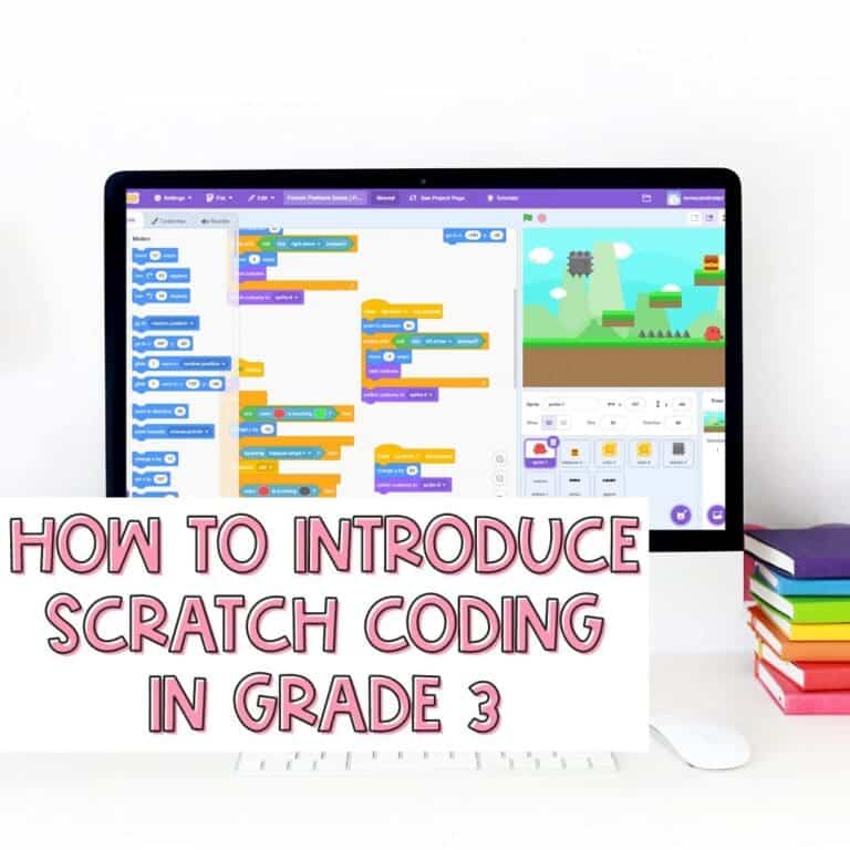 Computer image with Scratch coding on the screen.