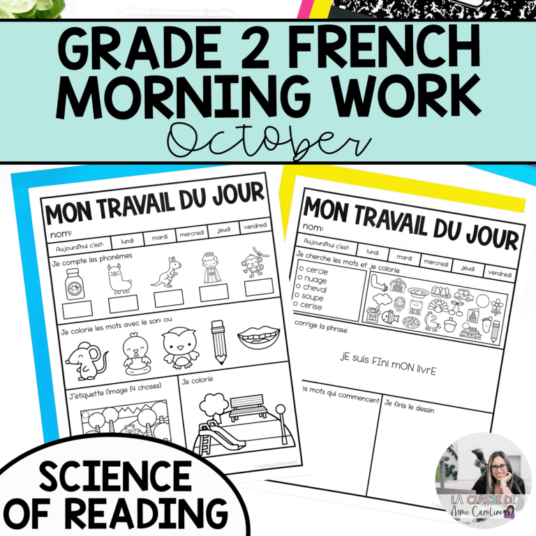 Printable French morning work for October, grade 2.