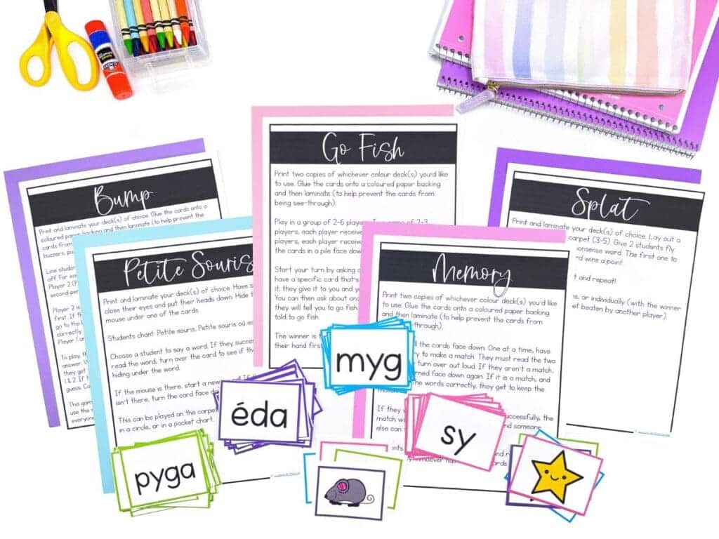 Instruction sheets for 5 different decoding games that use nonsense words cards and picture cards for French reading fluency