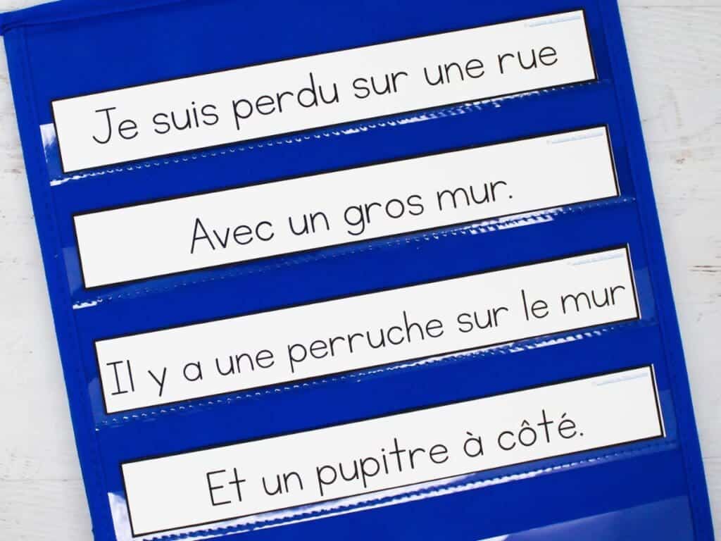 Pocket chart with sentences in French using sight words for reading fluency