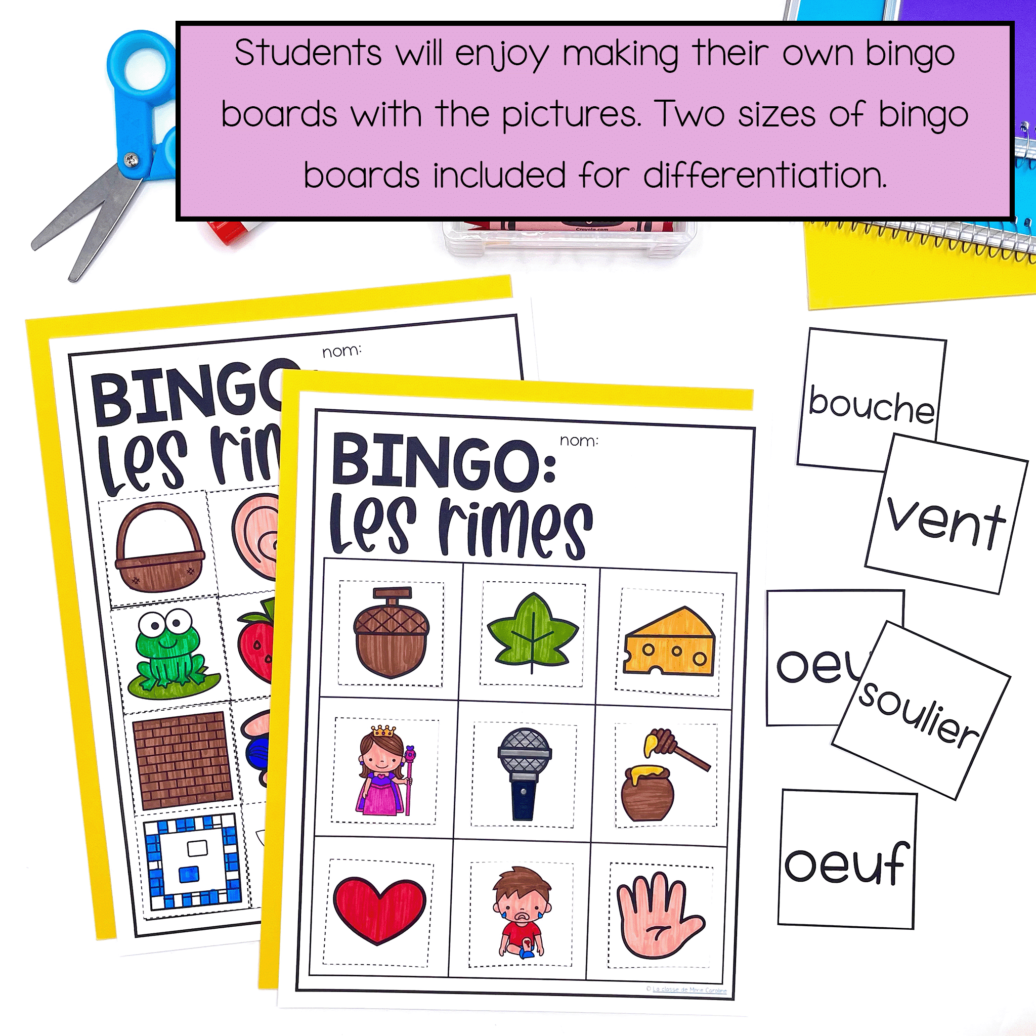 French rhyming words bingo: blank bingo cards