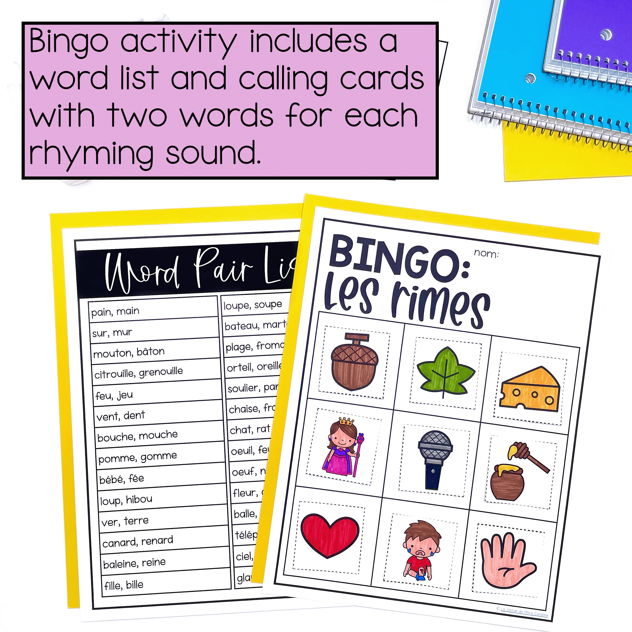 French rhyming words bingo: calling sheet with rhyming words