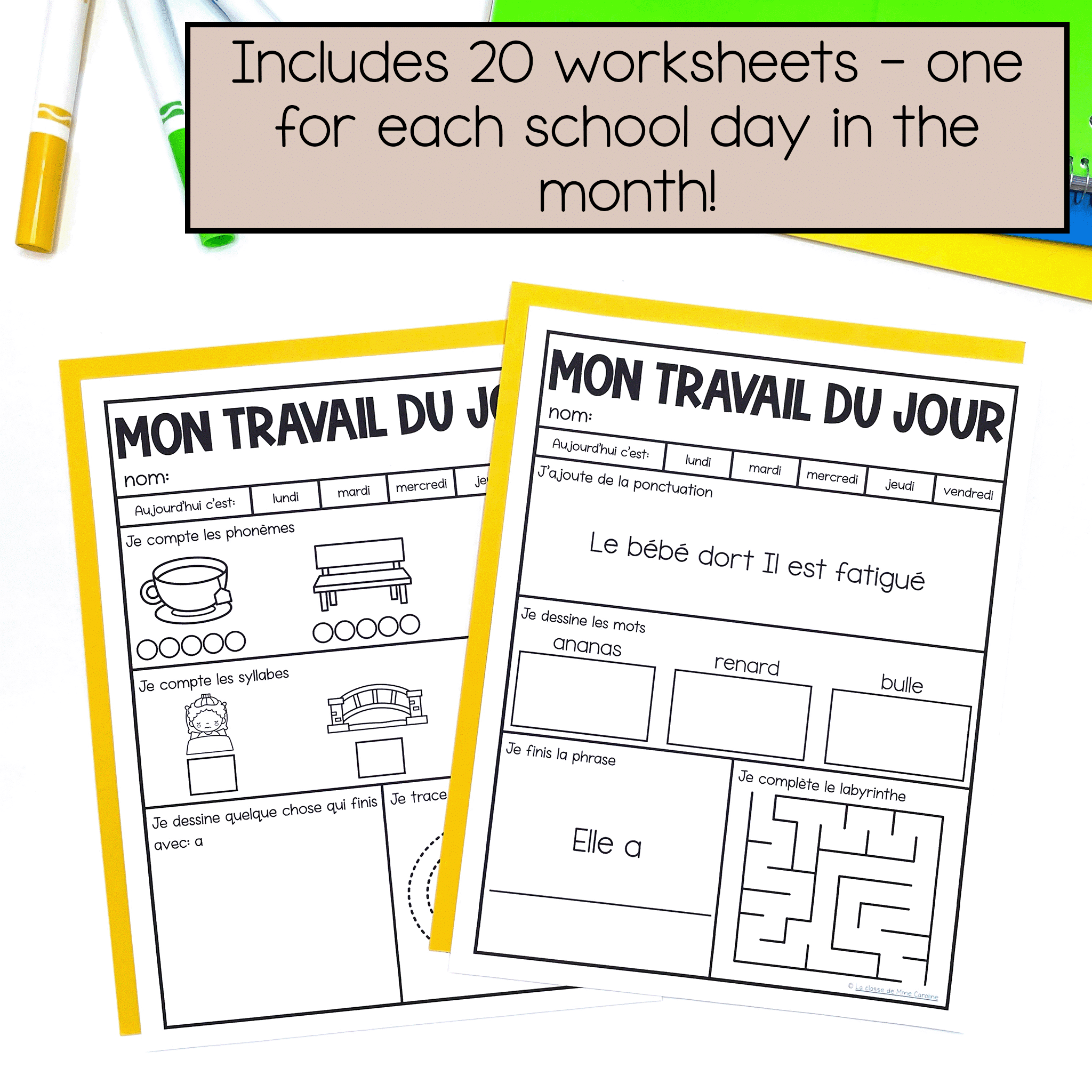 March morning work for grade 1 French with 20 different worksheets