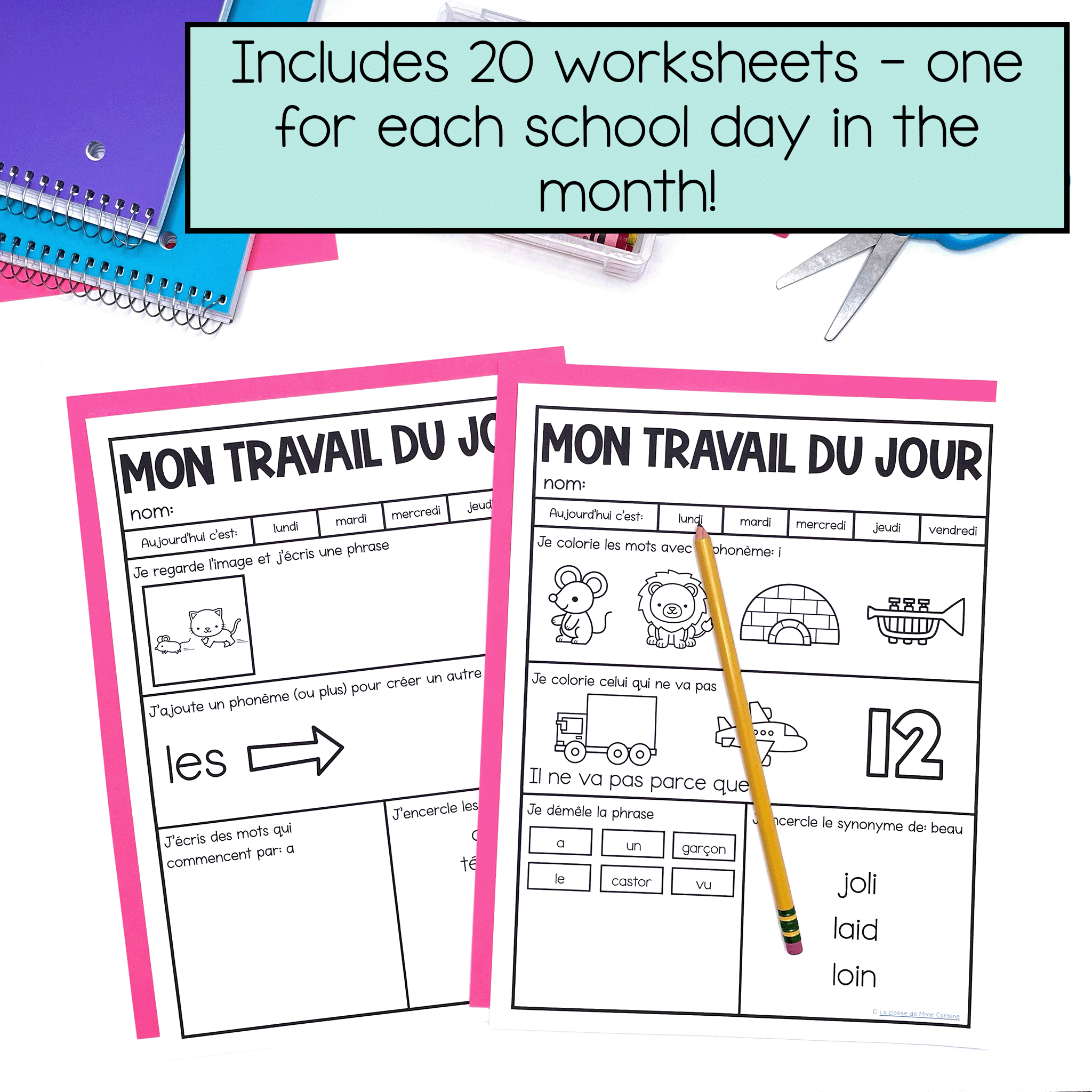 March morning work for French grade 2 with 20 different worksheets