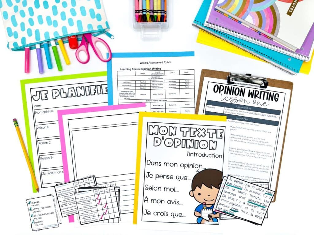 Nine different lesson plans, worksheets, and student resources for an opinion writing unit in French.