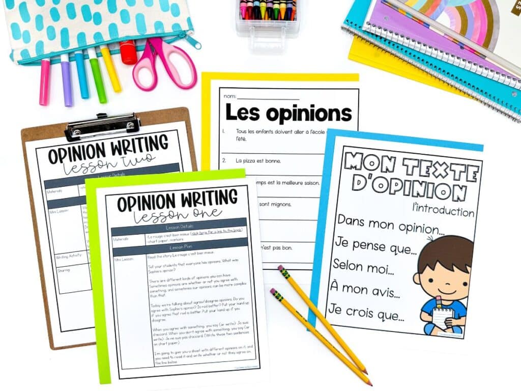 Two lesson plans and two student worksheets from an opinion writing unit in French.
