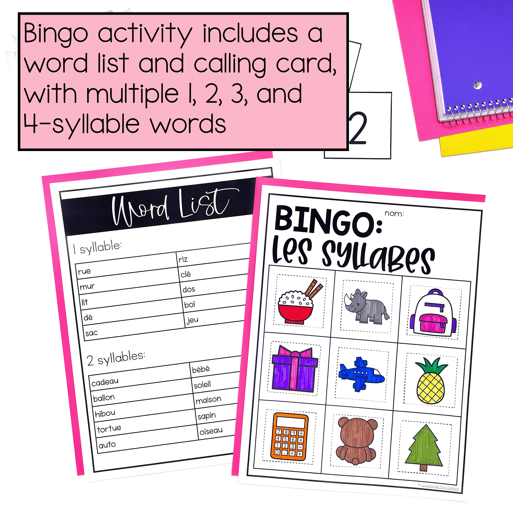 syllable bingo with calling card