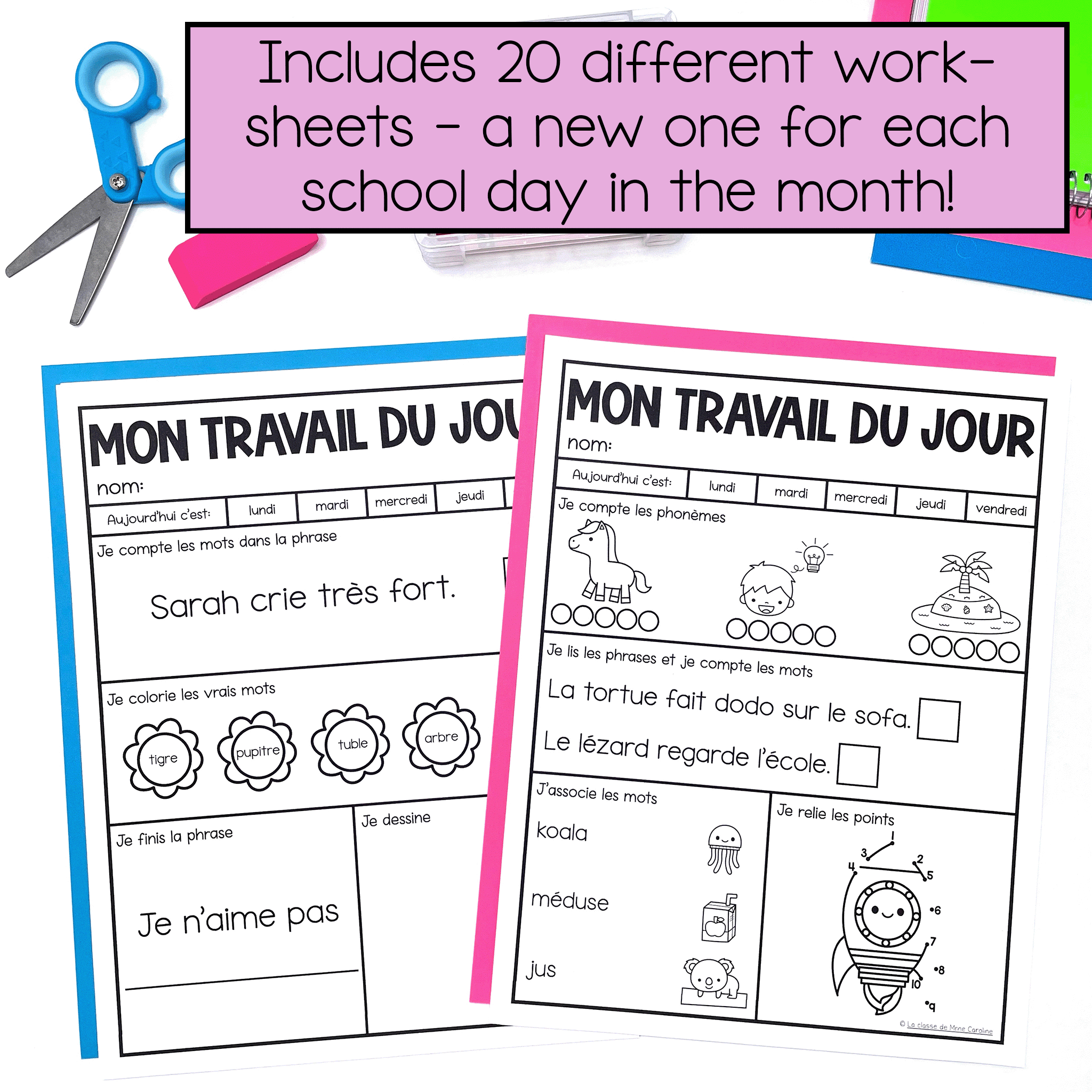 April morning work for grade 1 french with 20 different worksheets