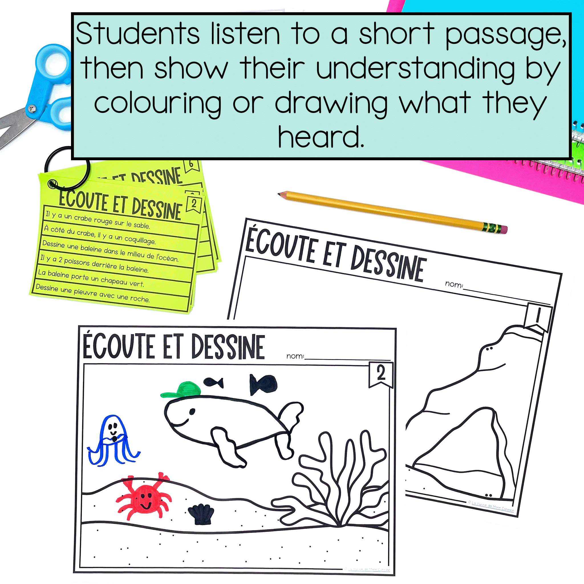 Students listen, then show their understanding of the story
