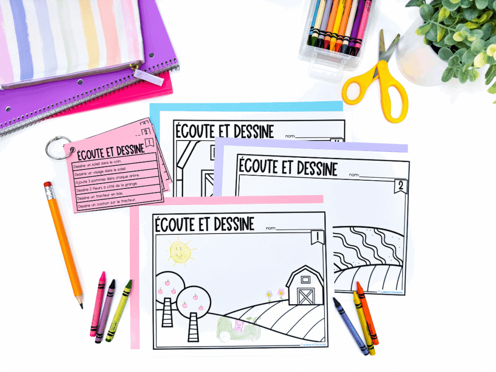 Listen and draw worksheets for French listening comprehension.