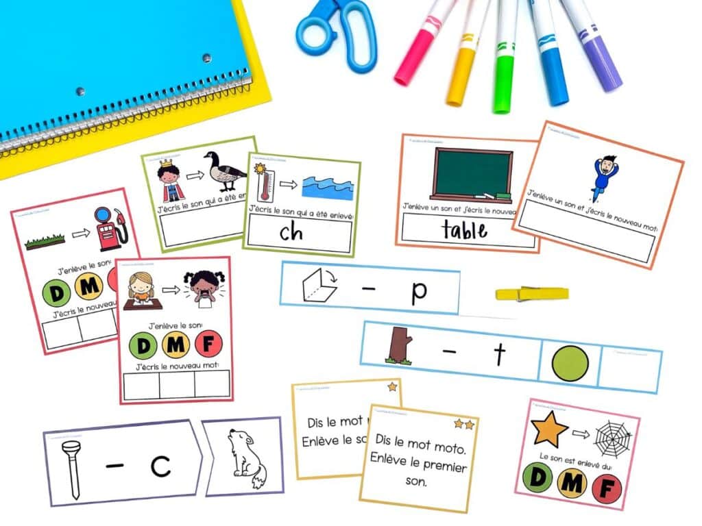 Phoneme subtraction activities help develop French phonemic awareness.